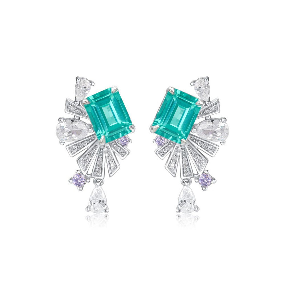 Emerald-Cut Colorstone Art Deco Fan Drop Earrings in 925 Sterling Silver