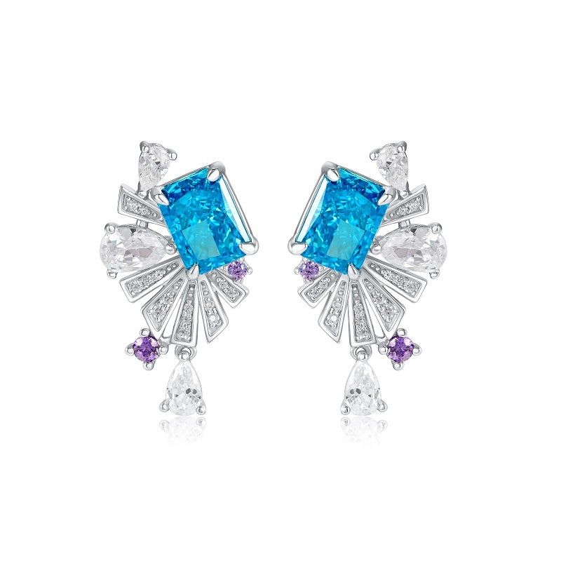 Emerald-Cut Colorstone Art Deco Fan Drop Earrings in 925 Sterling Silver