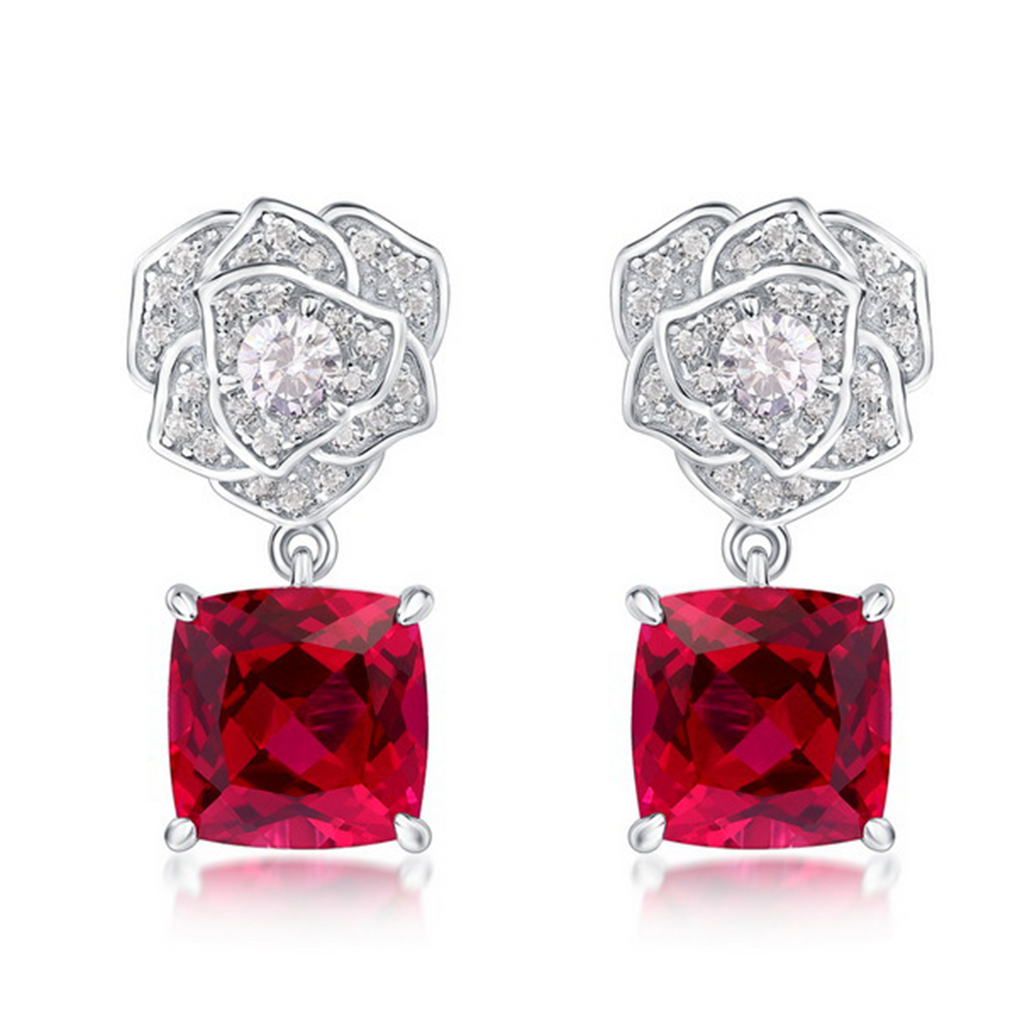 Cushion-Cut Gemstone Floral Drop Stud Earrings in 925 Sterling Silver