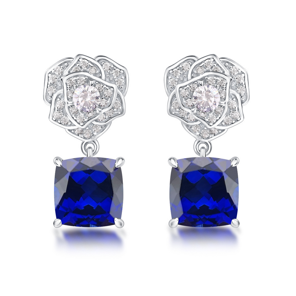 Cushion-Cut Gemstone Floral Drop Stud Earrings in 925 Sterling Silver