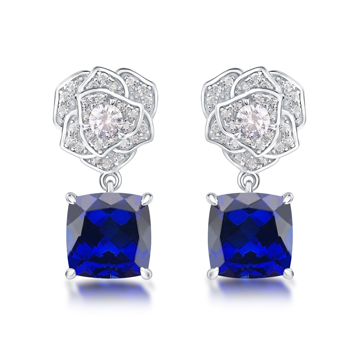 Cushion-Cut Gemstone Floral Drop Stud Earrings in 925 Sterling Silver