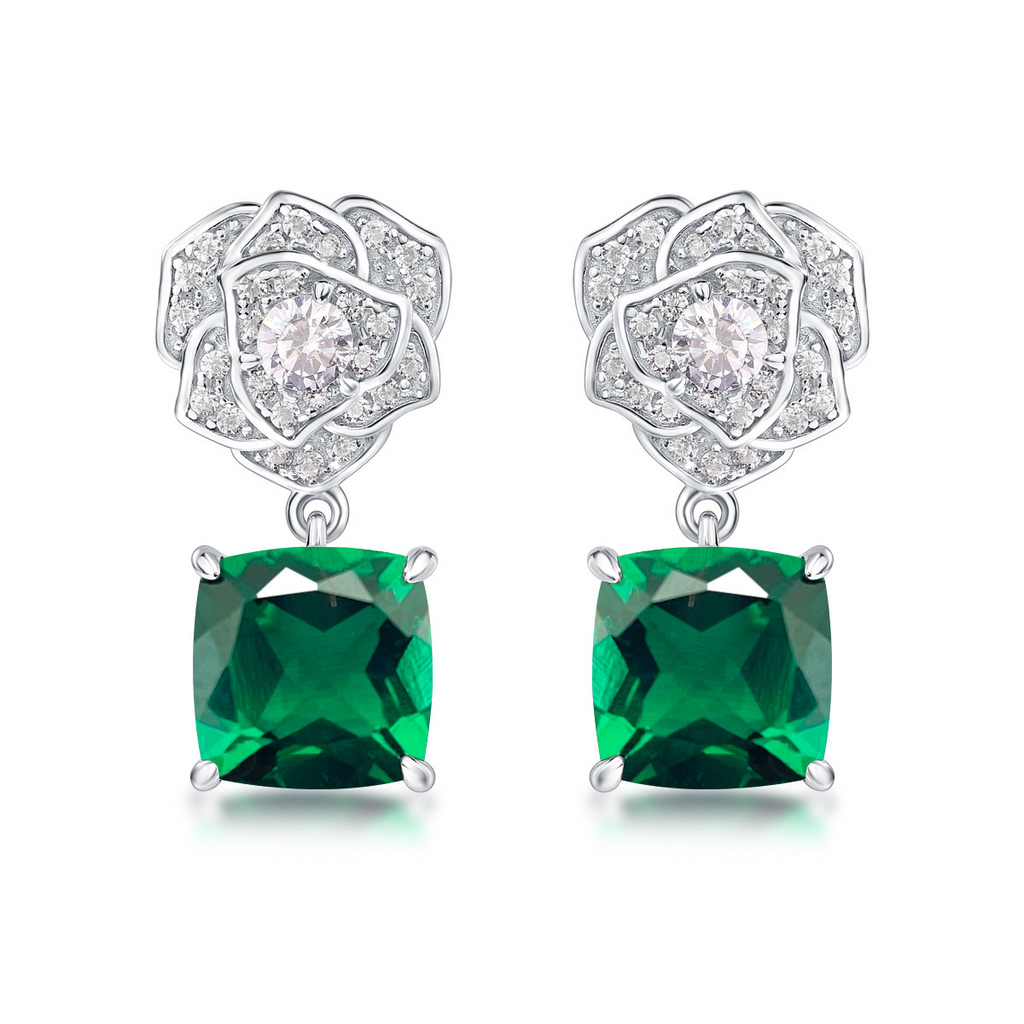 Cushion-Cut Gemstone Floral Drop Stud Earrings in 925 Sterling Silver