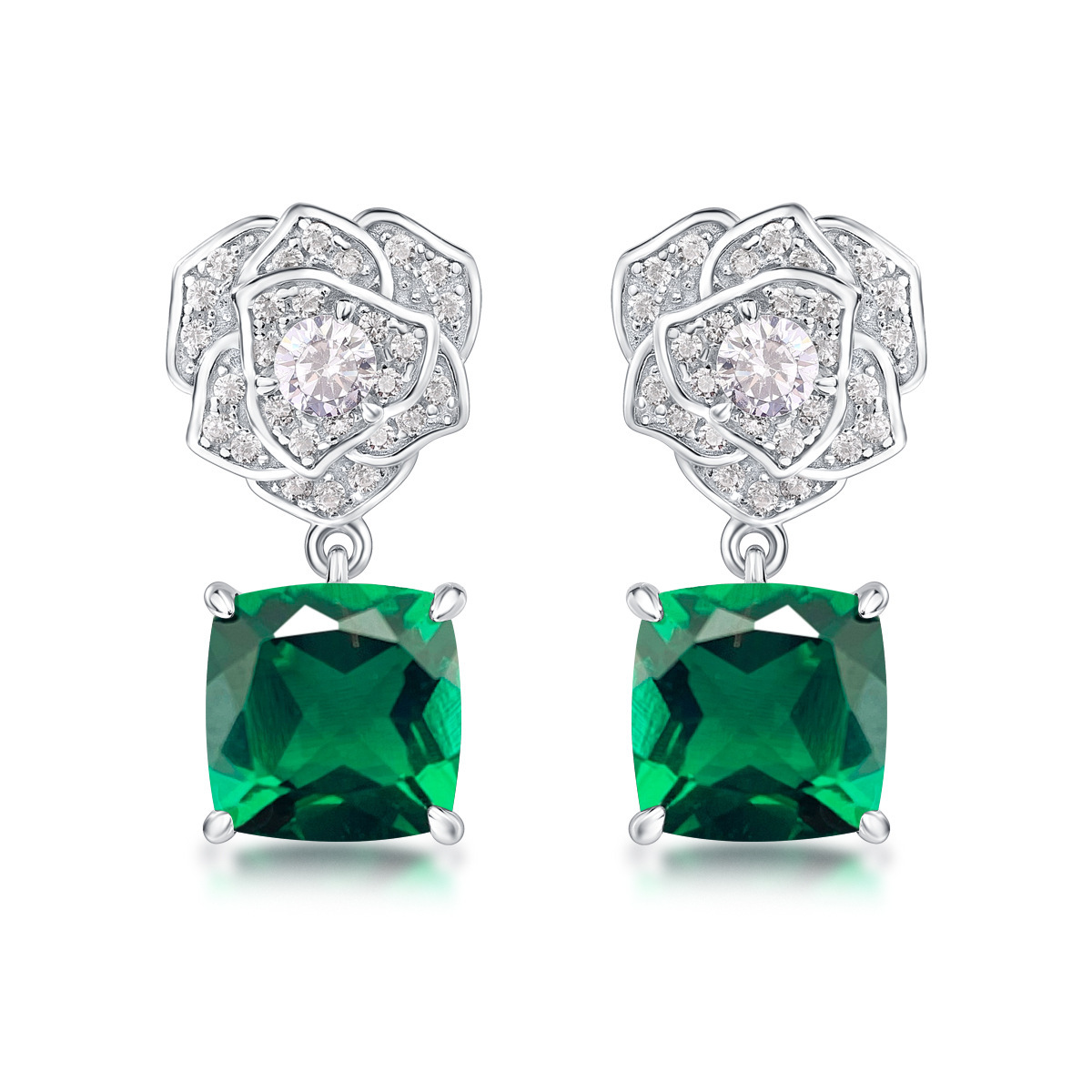 Cushion-Cut Gemstone Floral Drop Stud Earrings in 925 Sterling Silver