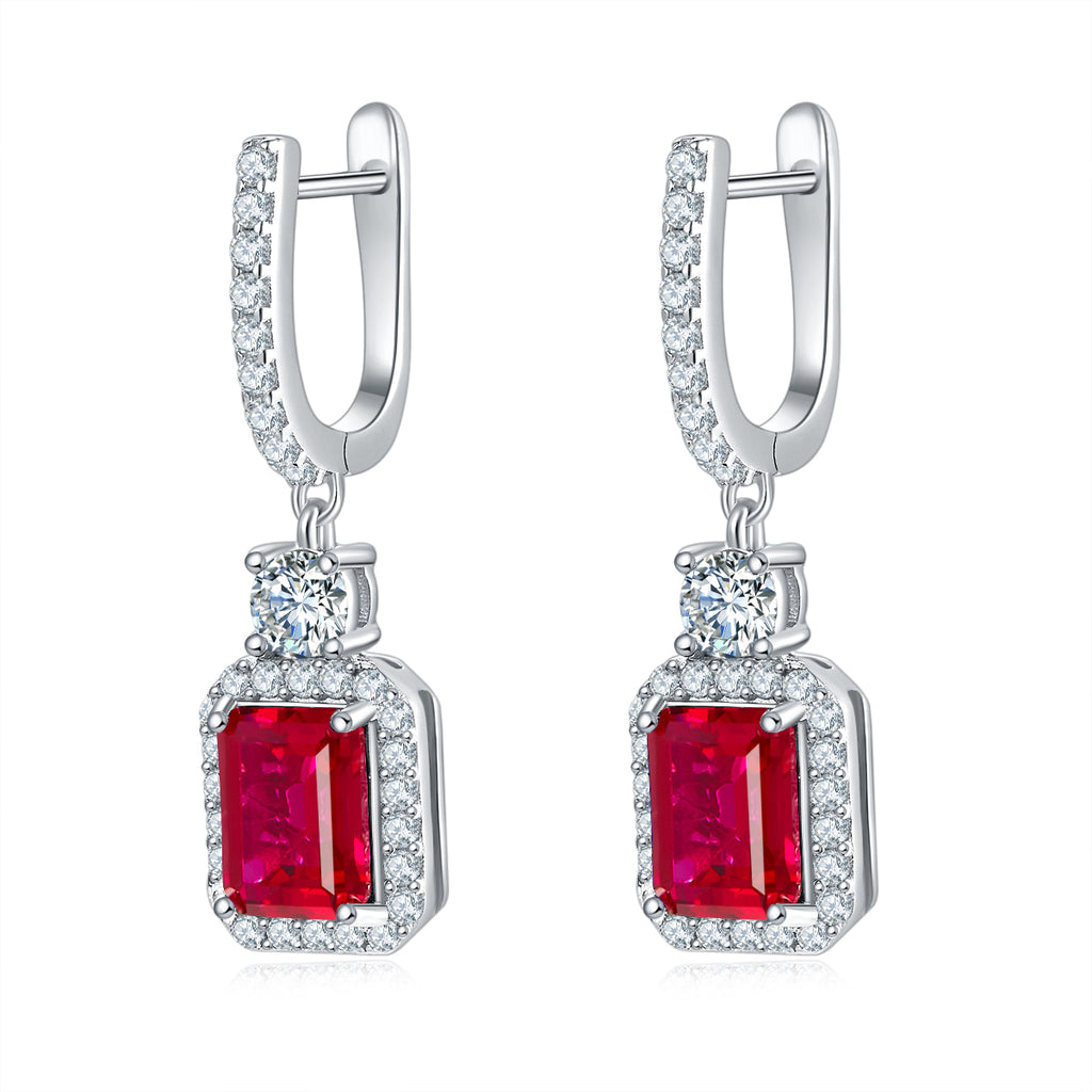 Emerald-Cut Lab Gemstone Halo Huggie Drop Earrings in 925 Sterling Silver
