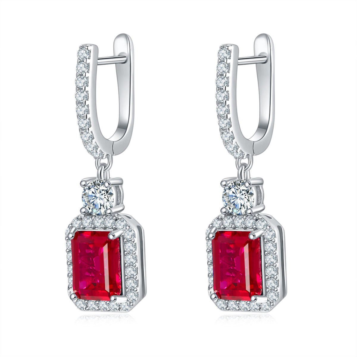 Emerald-Cut Lab Gemstone Halo Huggie Drop Earrings in 925 Sterling Silver