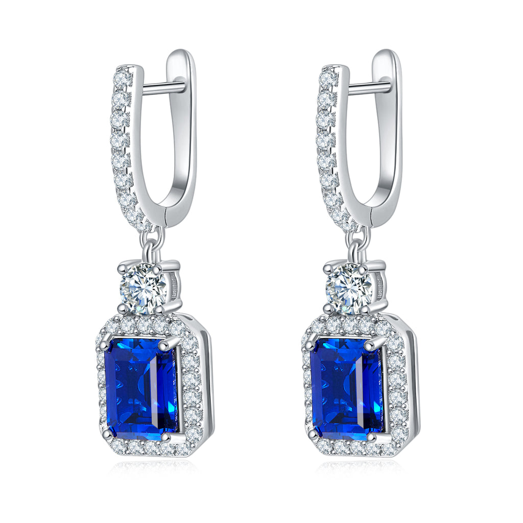 Emerald-Cut Lab Gemstone Halo Huggie Drop Earrings in 925 Sterling Silver