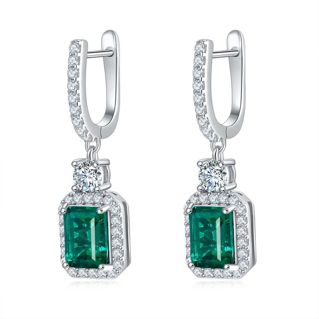 Emerald-Cut Lab Gemstone Halo Huggie Drop Earrings in 925 Sterling Silver