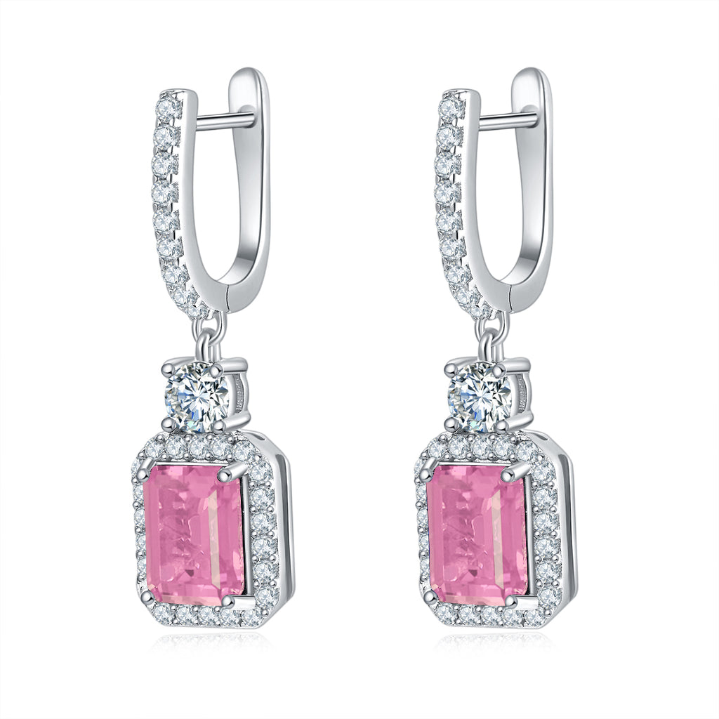 Emerald-Cut Lab Gemstone Halo Huggie Drop Earrings in 925 Sterling Silver