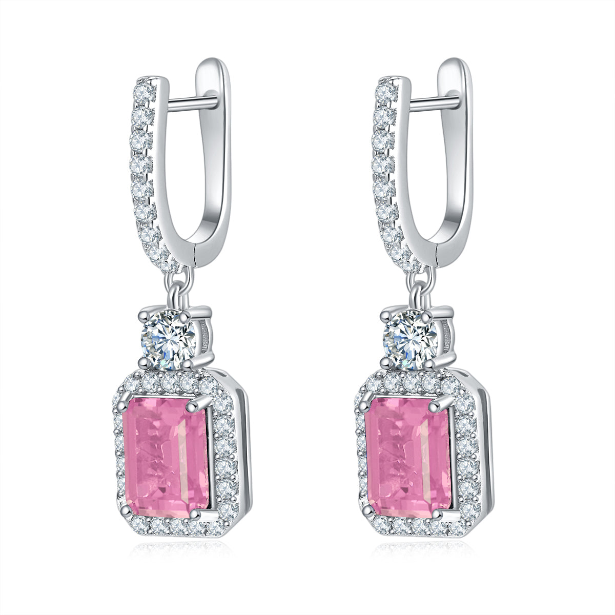 Emerald-Cut Lab Gemstone Halo Huggie Drop Earrings in 925 Sterling Silver