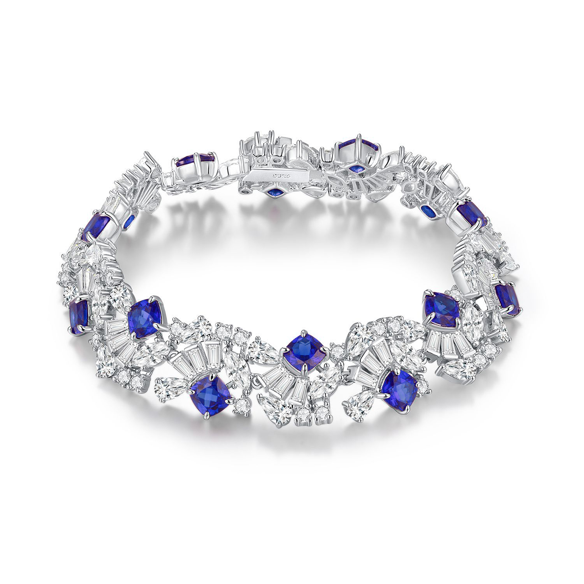 Blue Cushion-Cut Moissanite Floral Cluster Tennis Bracelet in 925 Sterling Silver