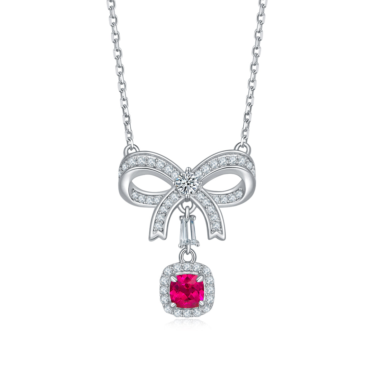 Cushion-Cut Lab Ruby Bow Halo Pendant Necklace in 925 Sterling Silver