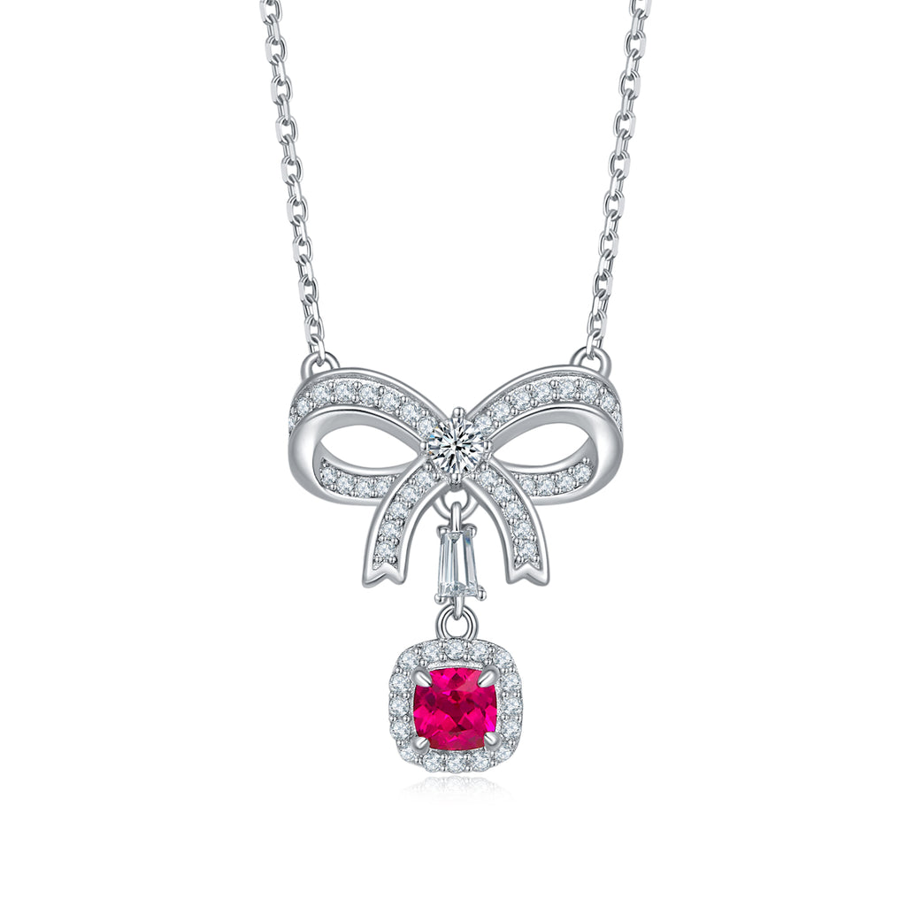 Cushion-Cut Lab Ruby Bow Halo Pendant Necklace in 925 Sterling Silver