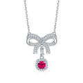 Cushion-Cut Lab Ruby Bow Halo Pendant Necklace in 925 Sterling Silver