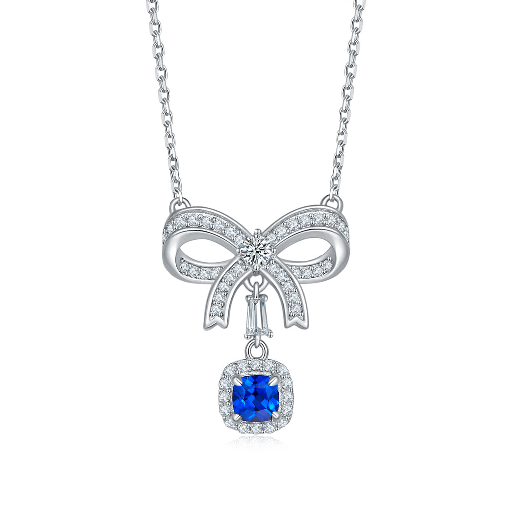 Cushion-Cut Lab Sapphire Bow Halo Drop Necklace in 925 Sterling Silver