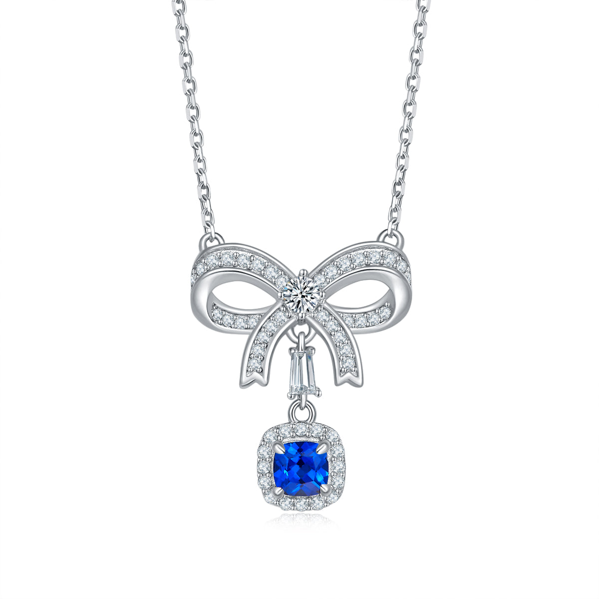 Cushion-Cut Lab Sapphire Bow Halo Drop Necklace in 925 Sterling Silver