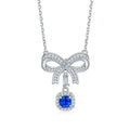 Cushion-Cut Lab Sapphire Bow Halo Drop Necklace in 925 Sterling Silver
