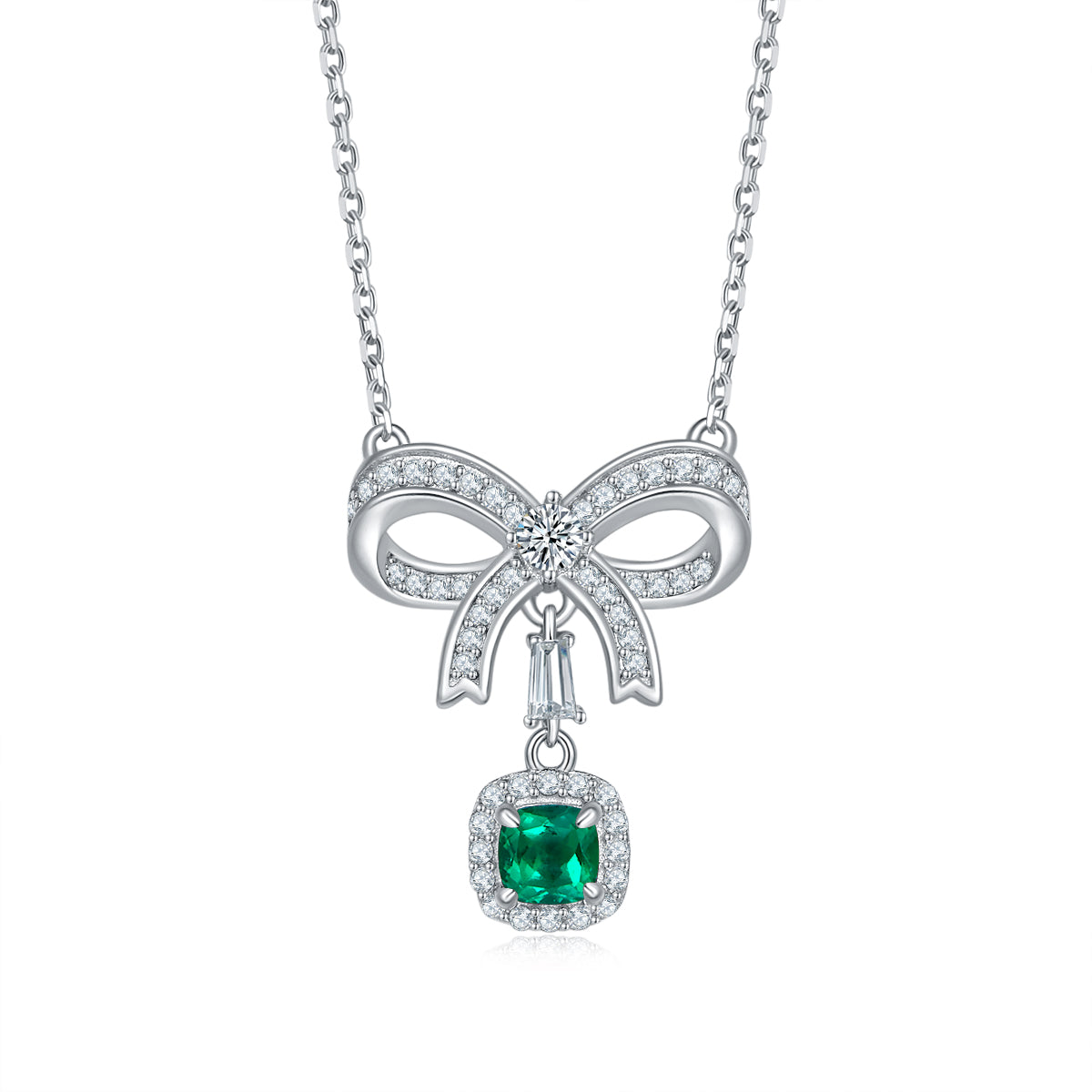 Lab-Created Emerald Cushion-Cut Bow Halo Pendant Necklace in 925 Sterling Silver