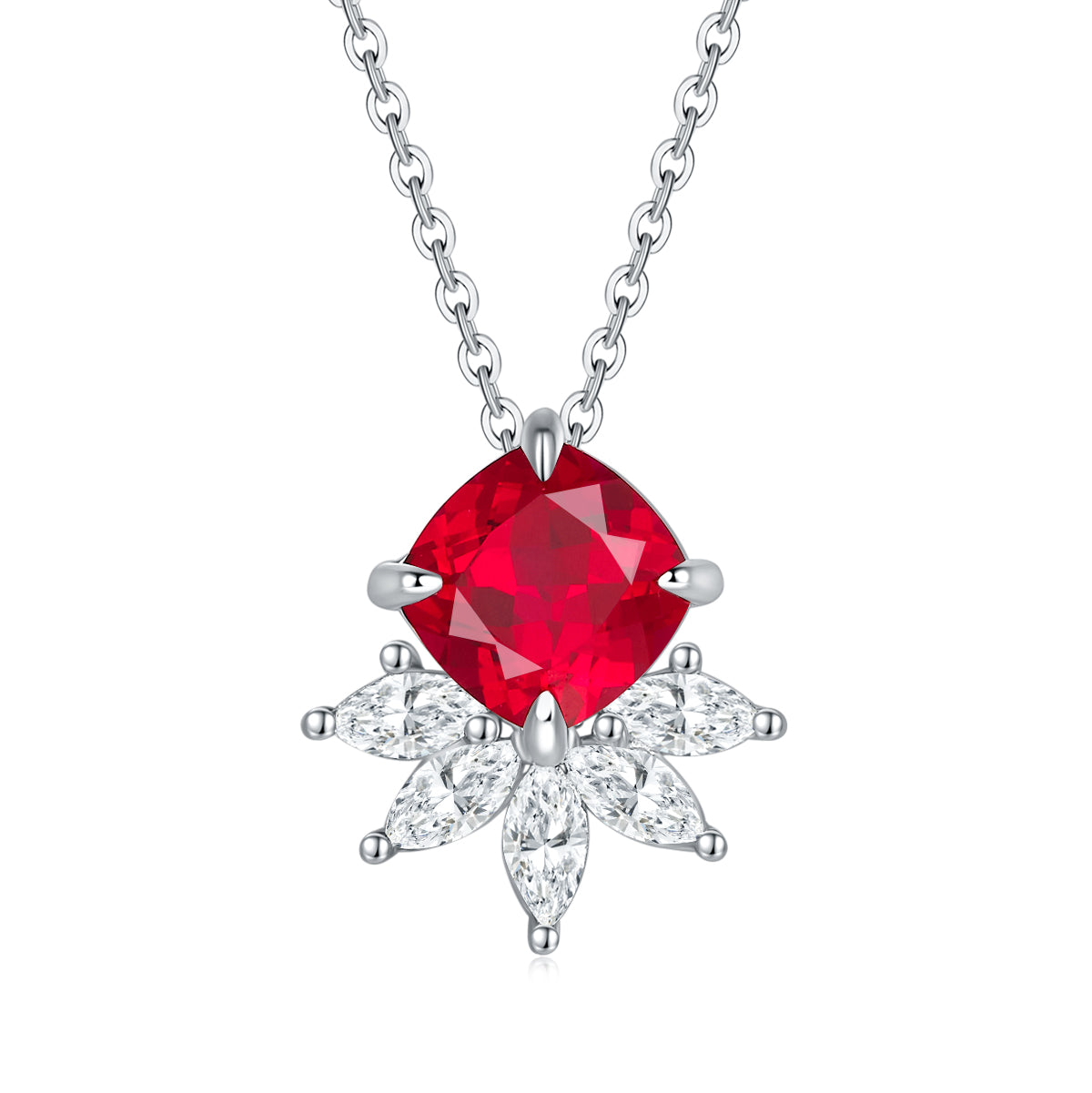 Cushion-Cut Lab Ruby Floral Cluster Pendant Necklace in 925 Sterling Silver