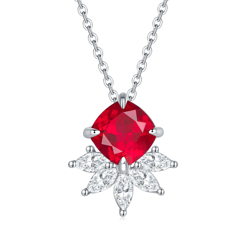 Cushion-Cut Lab Ruby Floral Cluster Pendant Necklace in 925 Sterling Silver