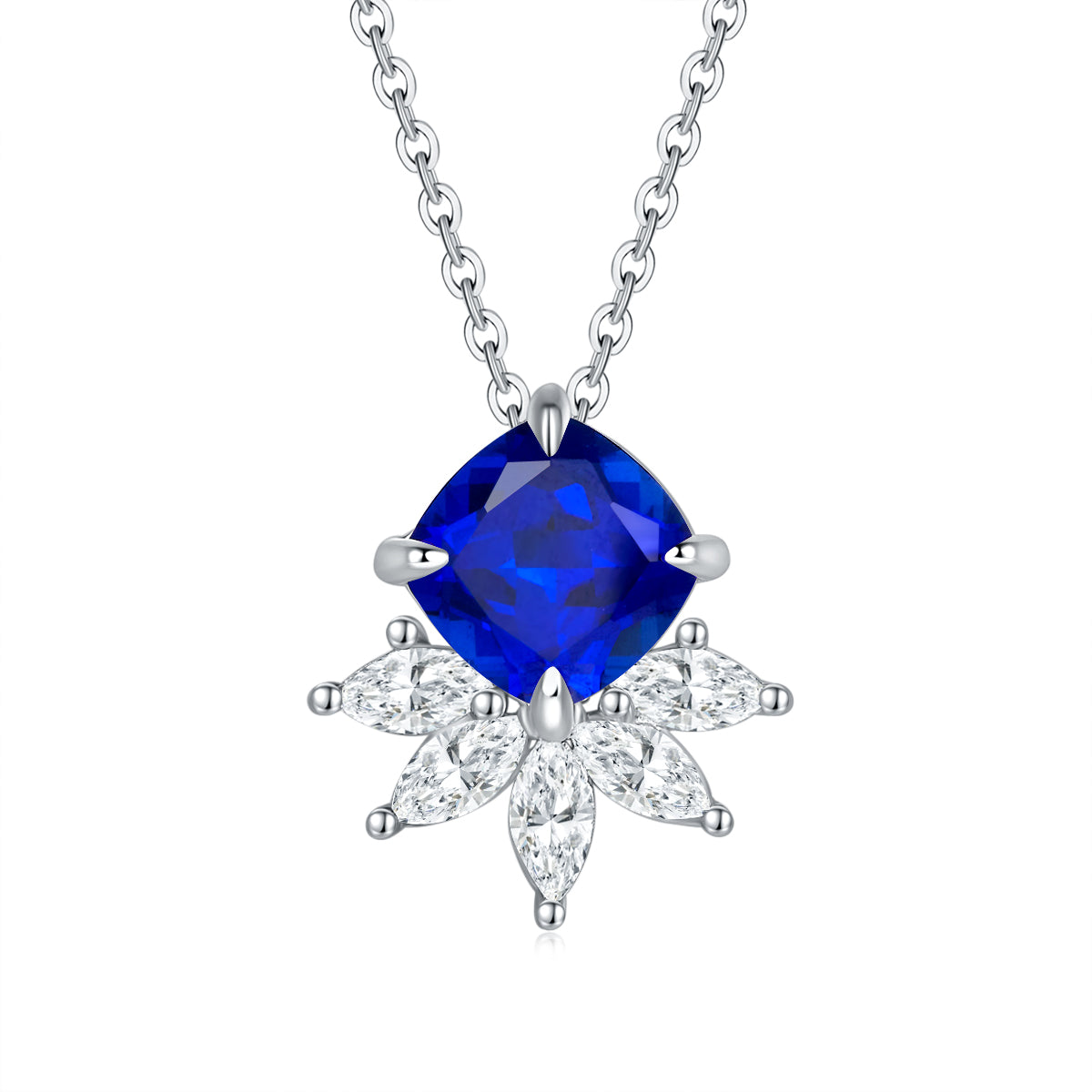 Lab-Created Blue Sapphire Cushion-Cut Floral Pendant Necklace in Silver