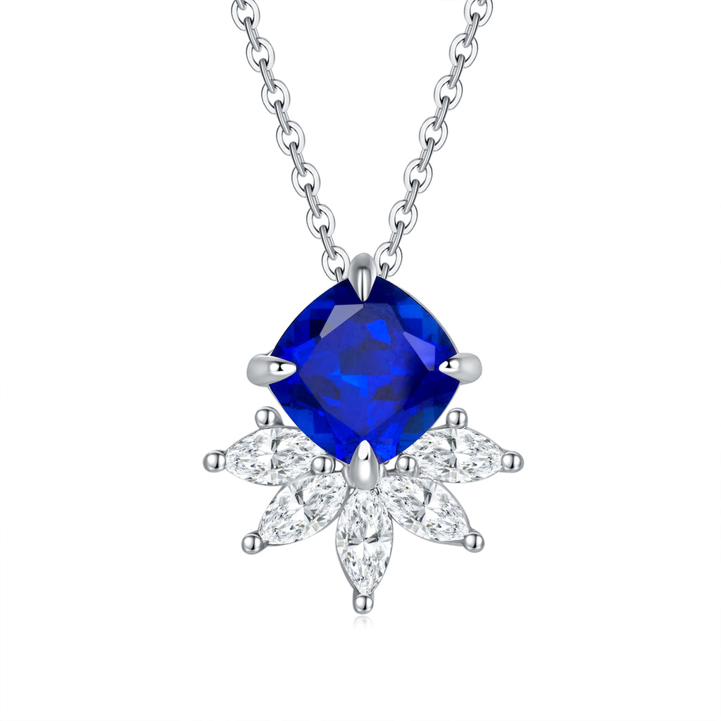 Lab-Created Blue Sapphire Cushion-Cut Floral Pendant Necklace in Silver