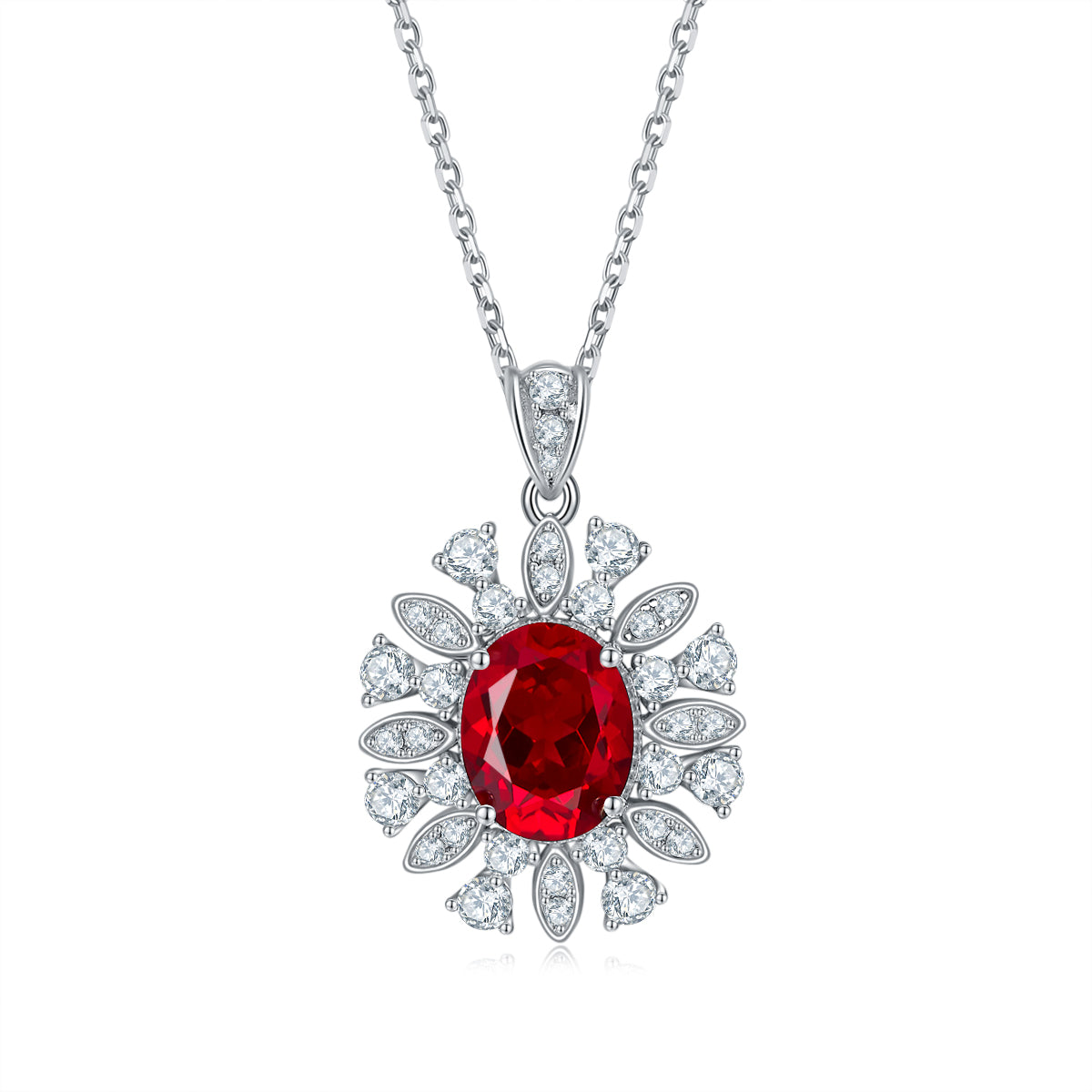 Oval-Cut Lab Ruby Floral Halo Pendant Necklace in 925 Sterling Silver
