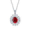 Oval-Cut Lab Ruby Floral Halo Pendant Necklace in 925 Sterling Silver