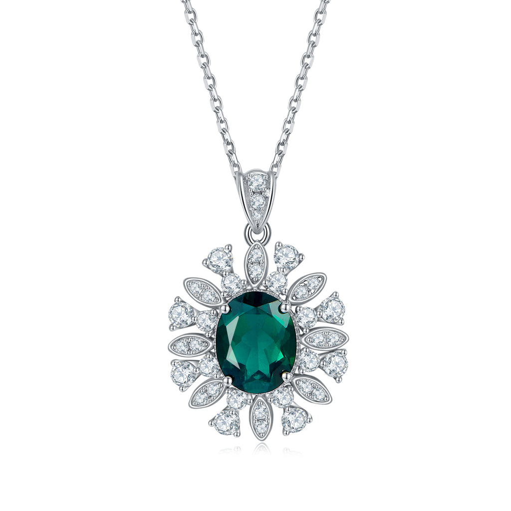 Oval-Cut Lab-Created Emerald Floral Halo Pendant Necklace