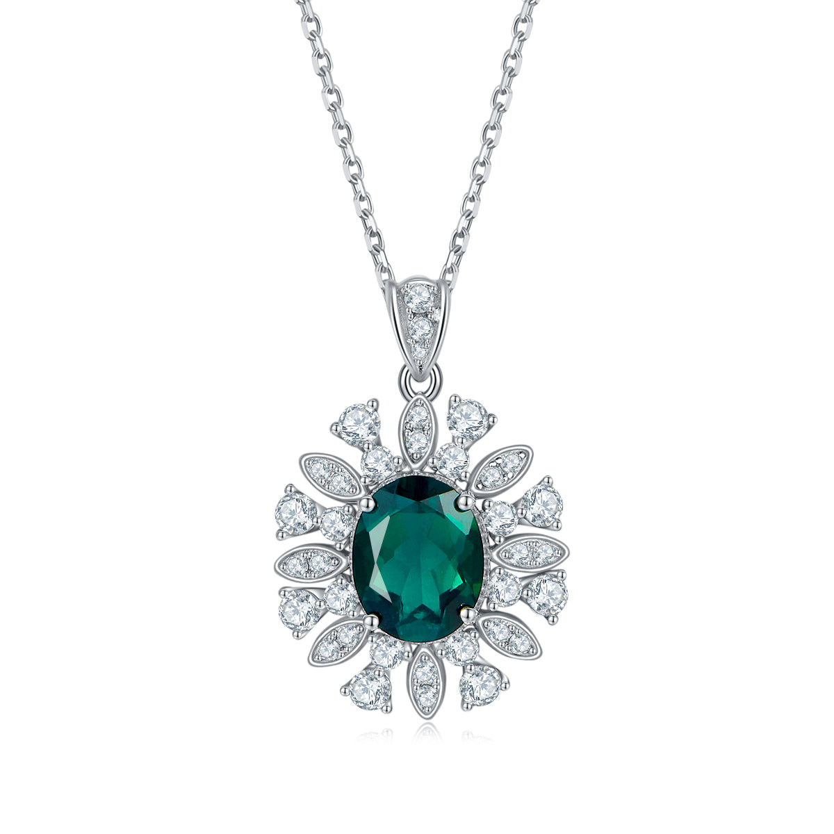 Oval-Cut Lab-Created Emerald Floral Halo Pendant Necklace