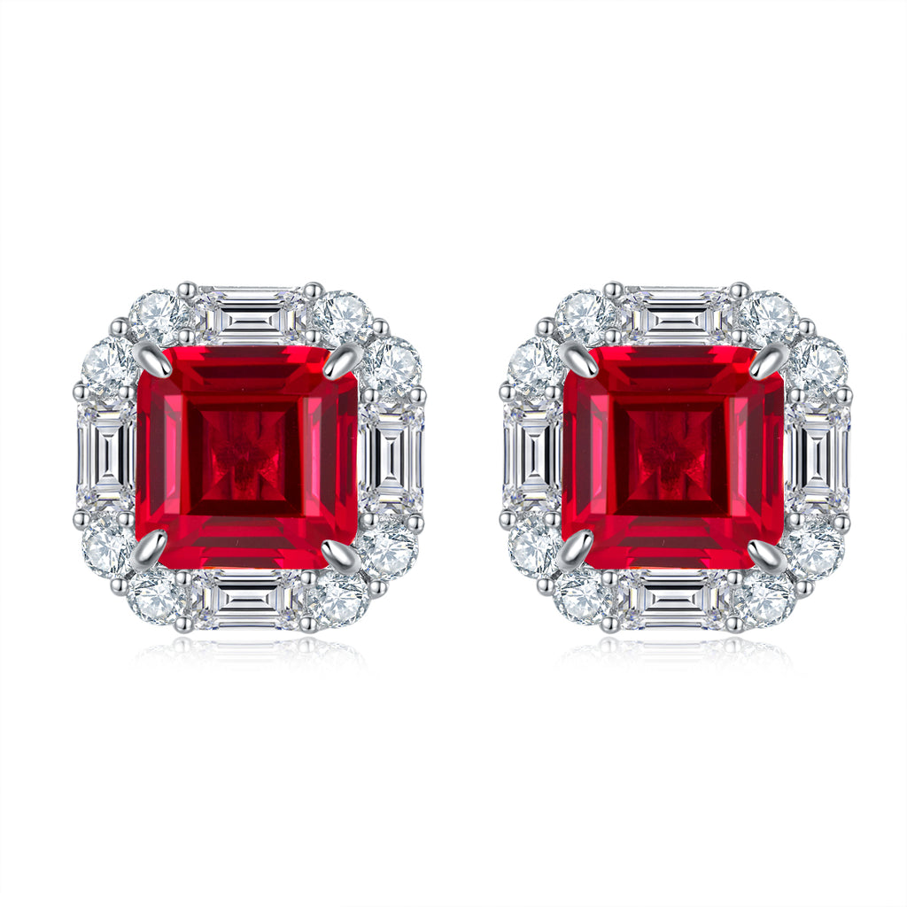 Lab-Created Ruby Asscher-Cut Halo Stud Earrings in 925 Sterling Silver