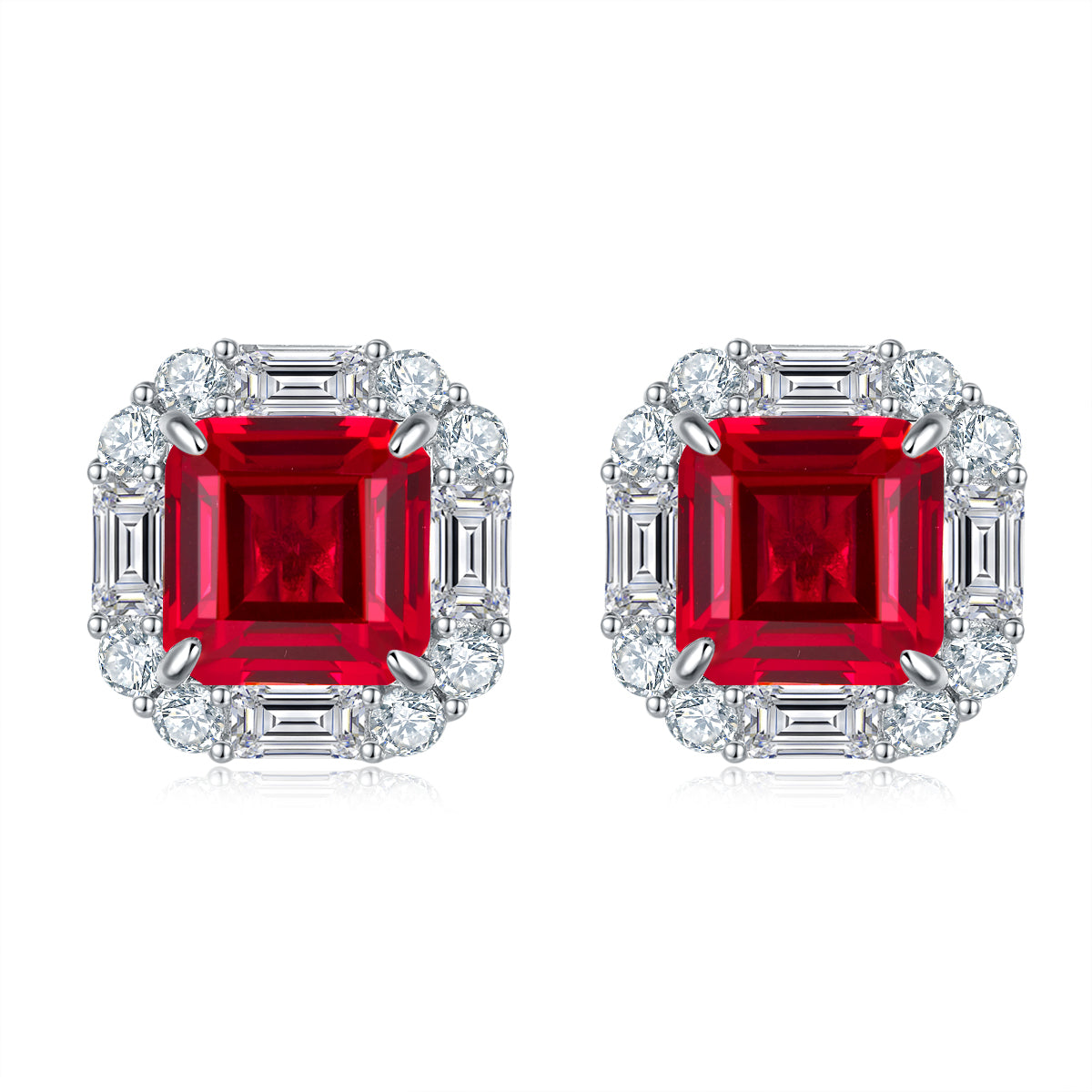 Lab-Created Ruby Asscher-Cut Halo Stud Earrings in 925 Sterling Silver