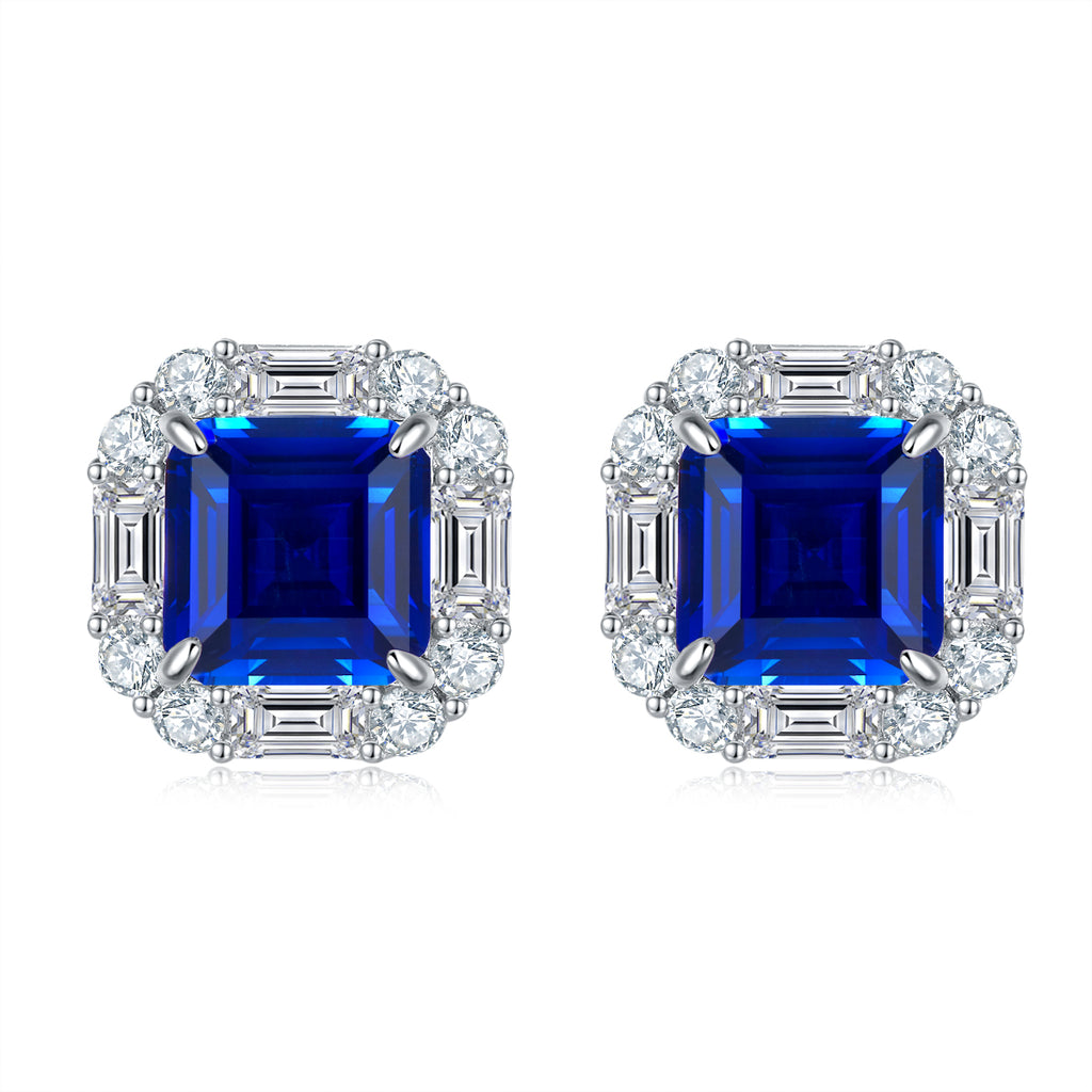 Octagon-Cut Lab Sapphire Art Deco Halo Stud Earrings in 925 Sterling Silver