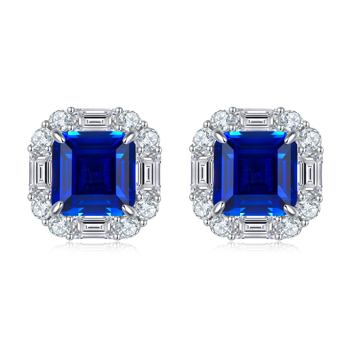 Octagon-Cut Lab Sapphire Art Deco Halo Stud Earrings in 925 Sterling Silver