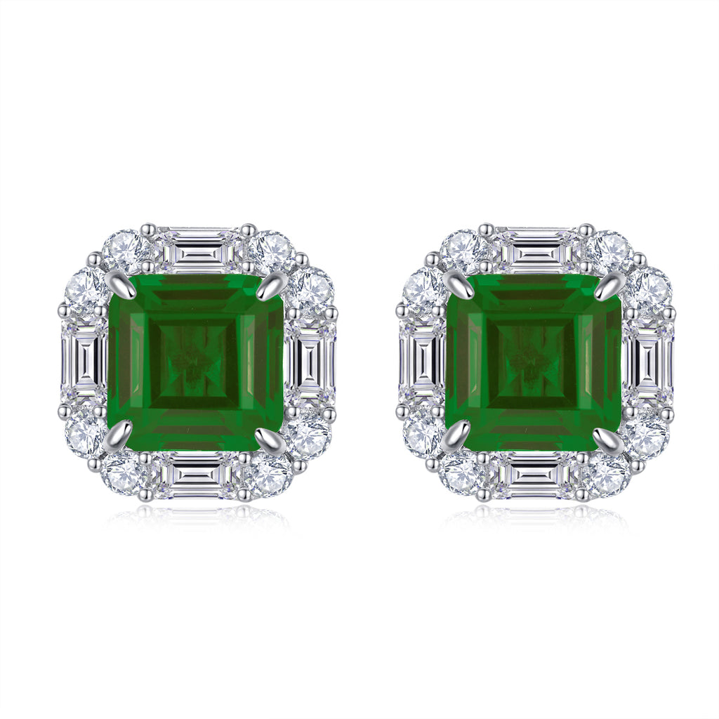 Asscher-Cut Green Lab Emerald Halo Stud Earrings in 925 Sterling Silver