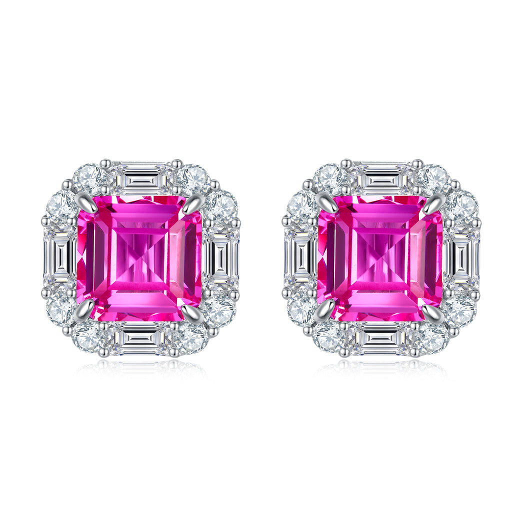 Lab-Created Padparadscha Asscher-Cut Halo Stud Earrings in 925 Sterling Silver