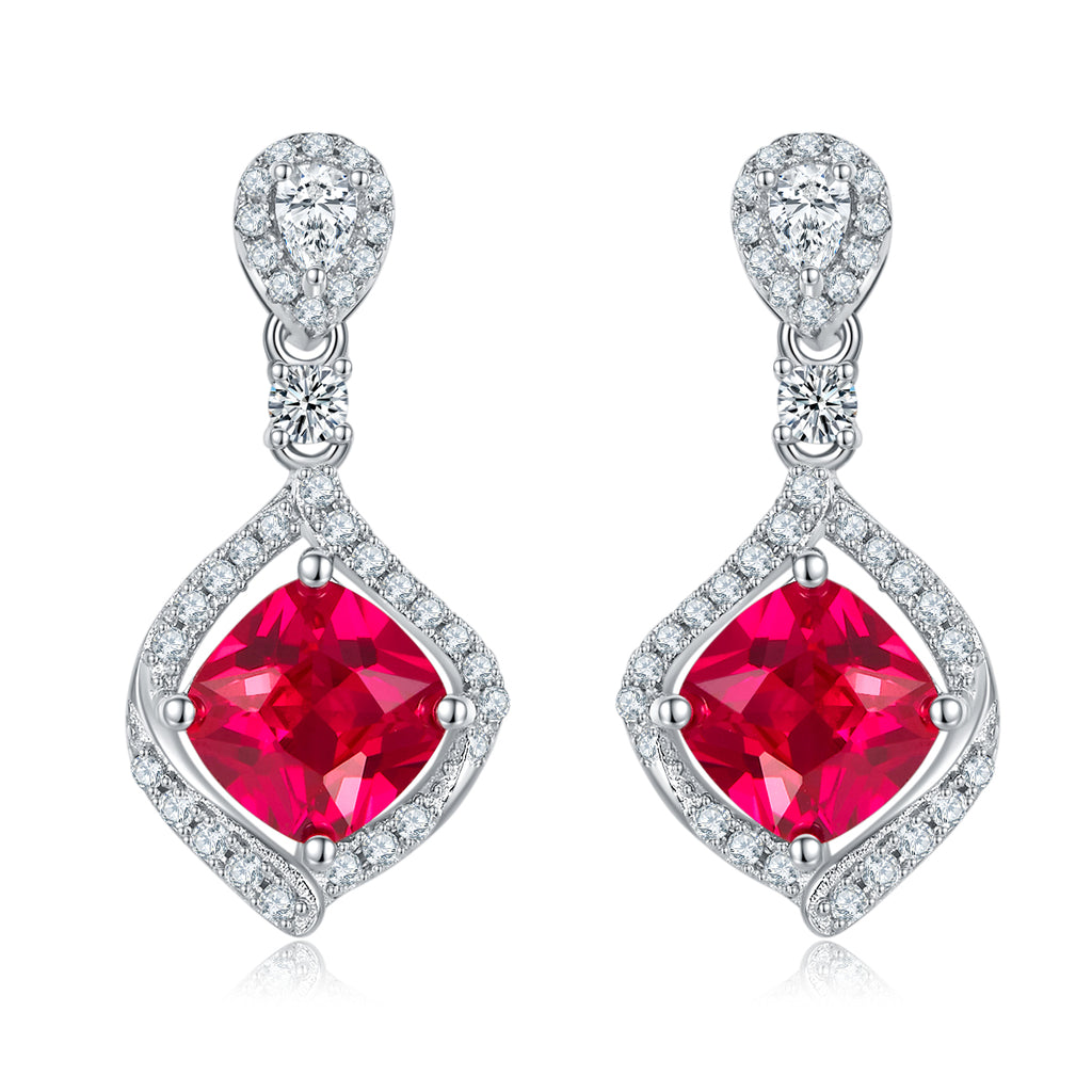 Lab-Created Ruby Cushion-Cut Halo Drop Stud Earrings in 925 Sterling Silver