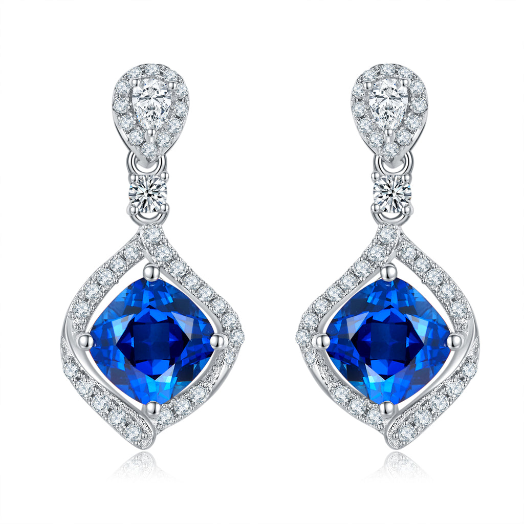 Cushion-Cut Lab-Created Sapphire Halo Drop Stud Earrings in 925 Sterling Silver