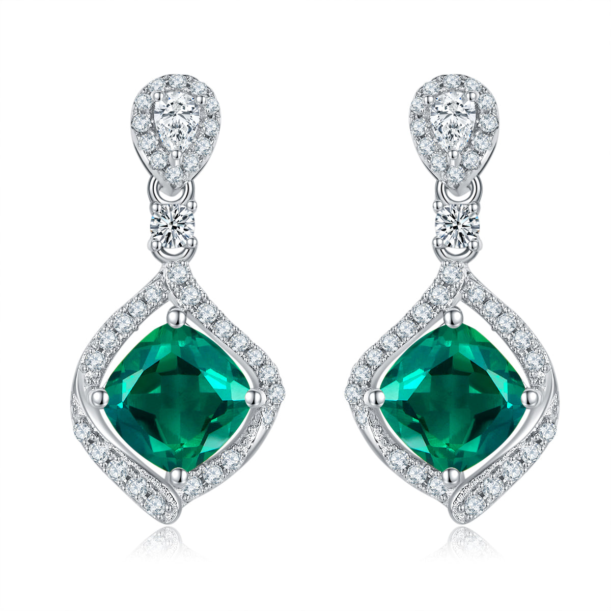 Cushion-Cut Lab-Grown Emerald Halo Drop Stud Earrings in Sterling Silver