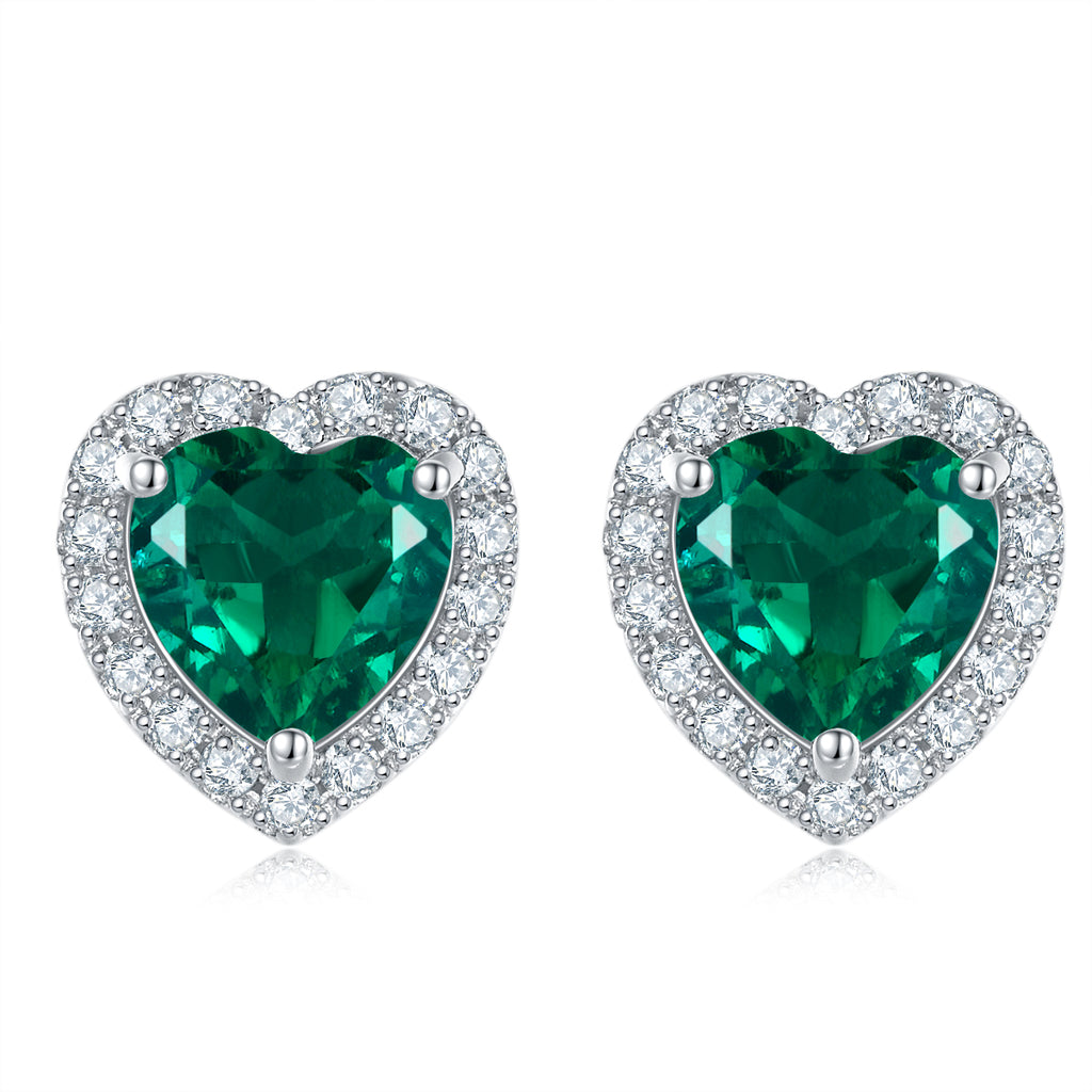 Heart-Cut Green Created Gemstone Halo Stud Earrings in 925 Sterling Silver