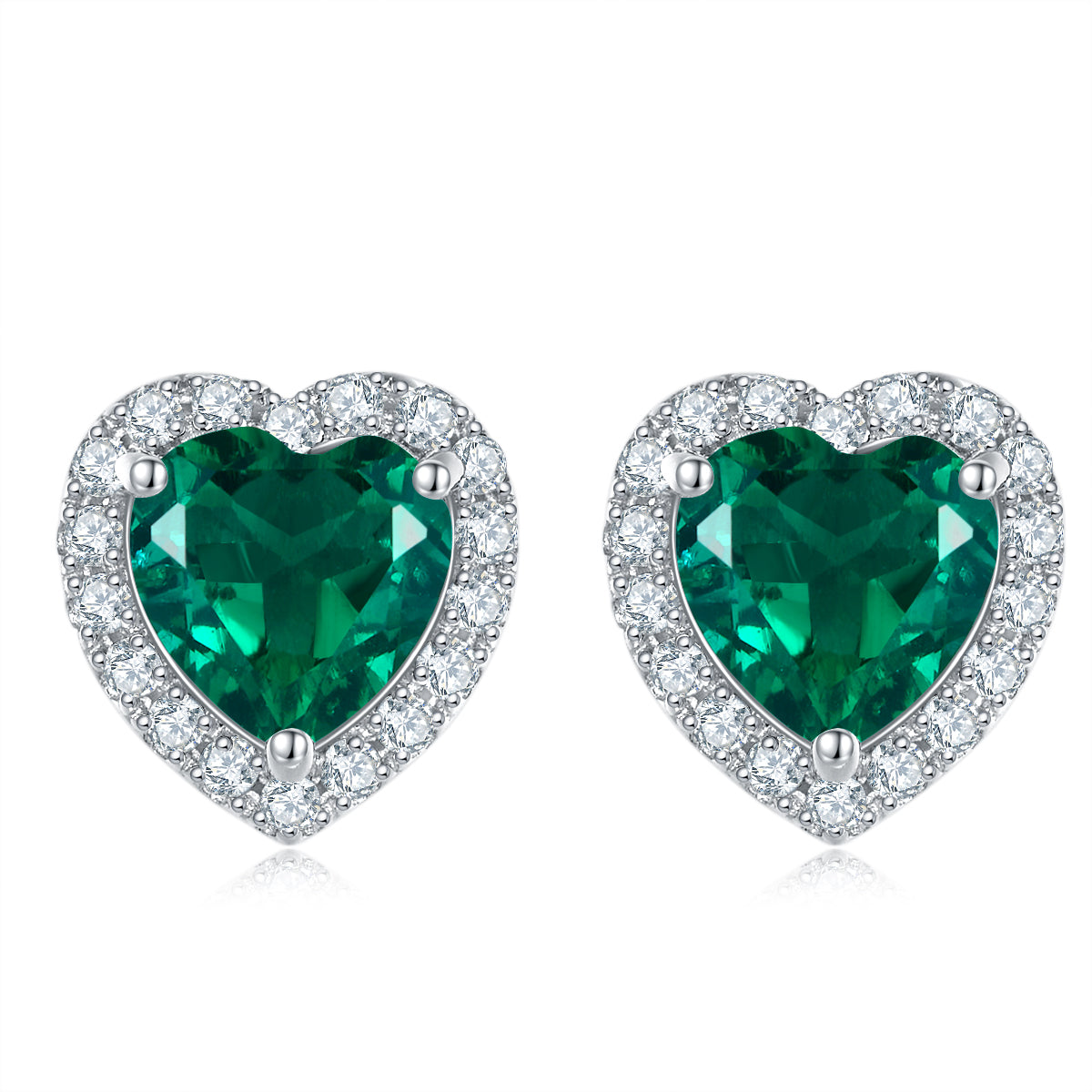 Heart-Cut Green Created Gemstone Halo Stud Earrings in 925 Sterling Silver