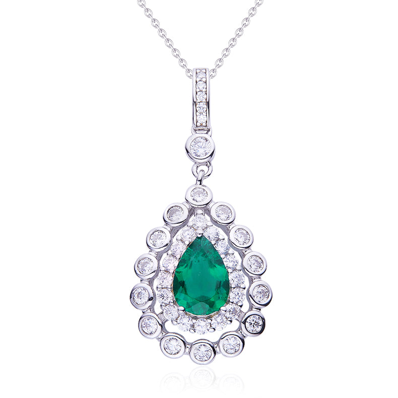 Pear-Cut Lab Emerald Double Halo Drop Pendant Necklace in 925 Sterling Silver