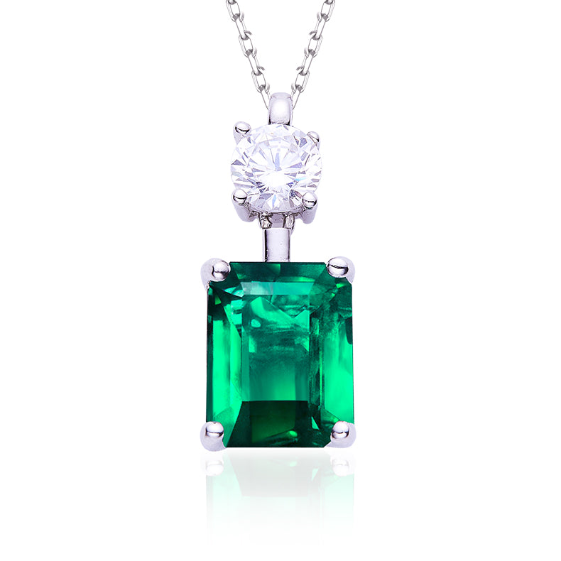 Emerald-Cut Green Lab Emerald Two-Stone Drop Pendant Necklace