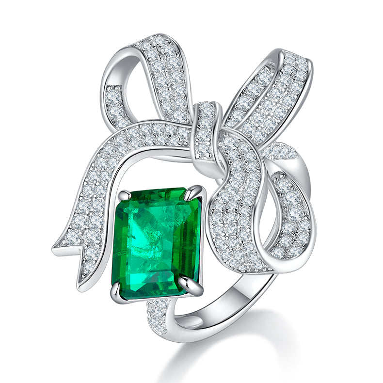Emerald-Cut Colored Stone Pavé Ribbon Statement Ring in 925 Sterling Silver