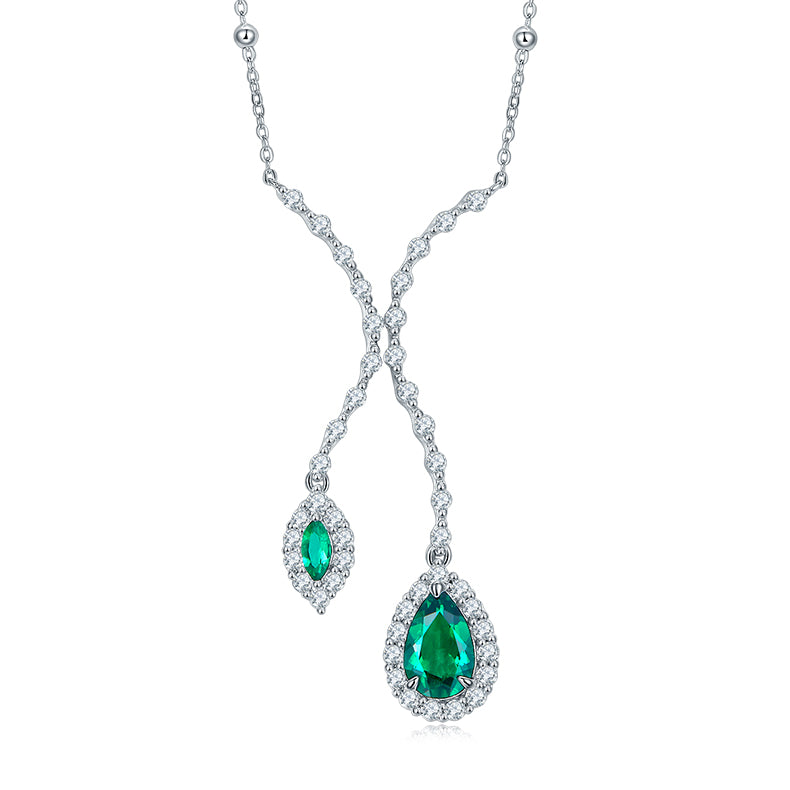 Pear-Cut Lab Emerald Halo Lariat Necklace in 925 Sterling Silver