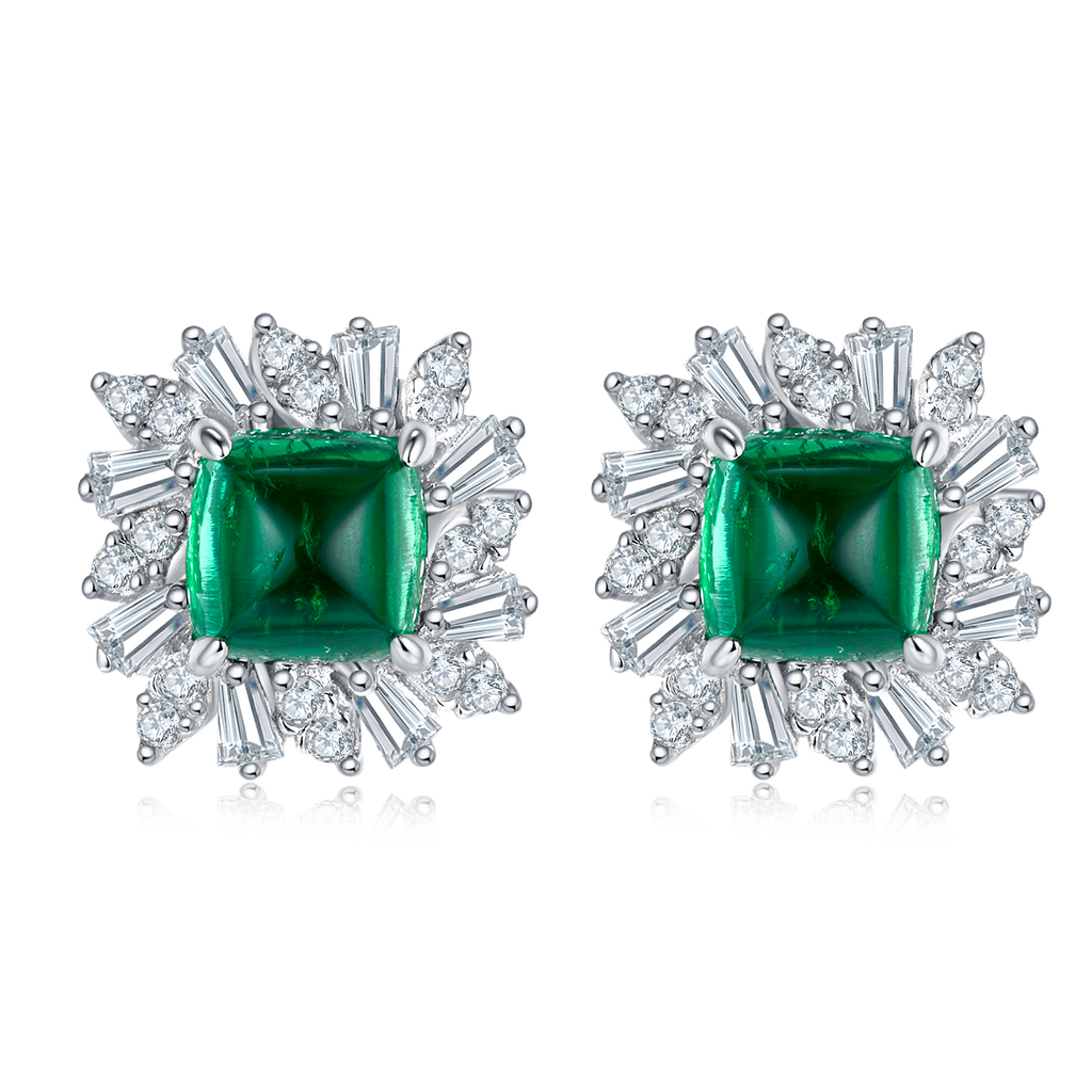 Cushion-Cut Lab Emerald Starburst Halo Stud Earrings in 925 Sterling Silver