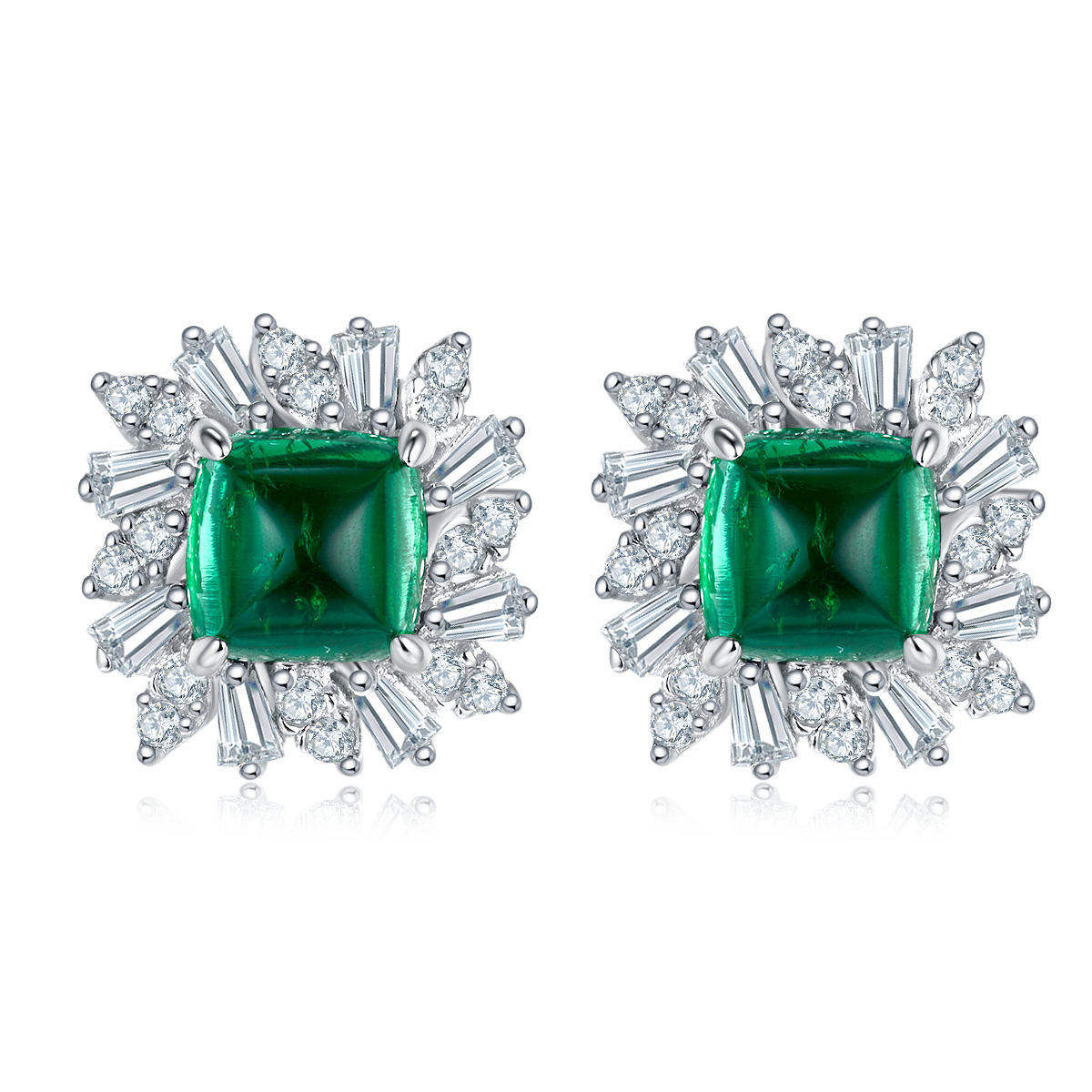 Cushion-Cut Lab Emerald Starburst Halo Stud Earrings in 925 Sterling Silver