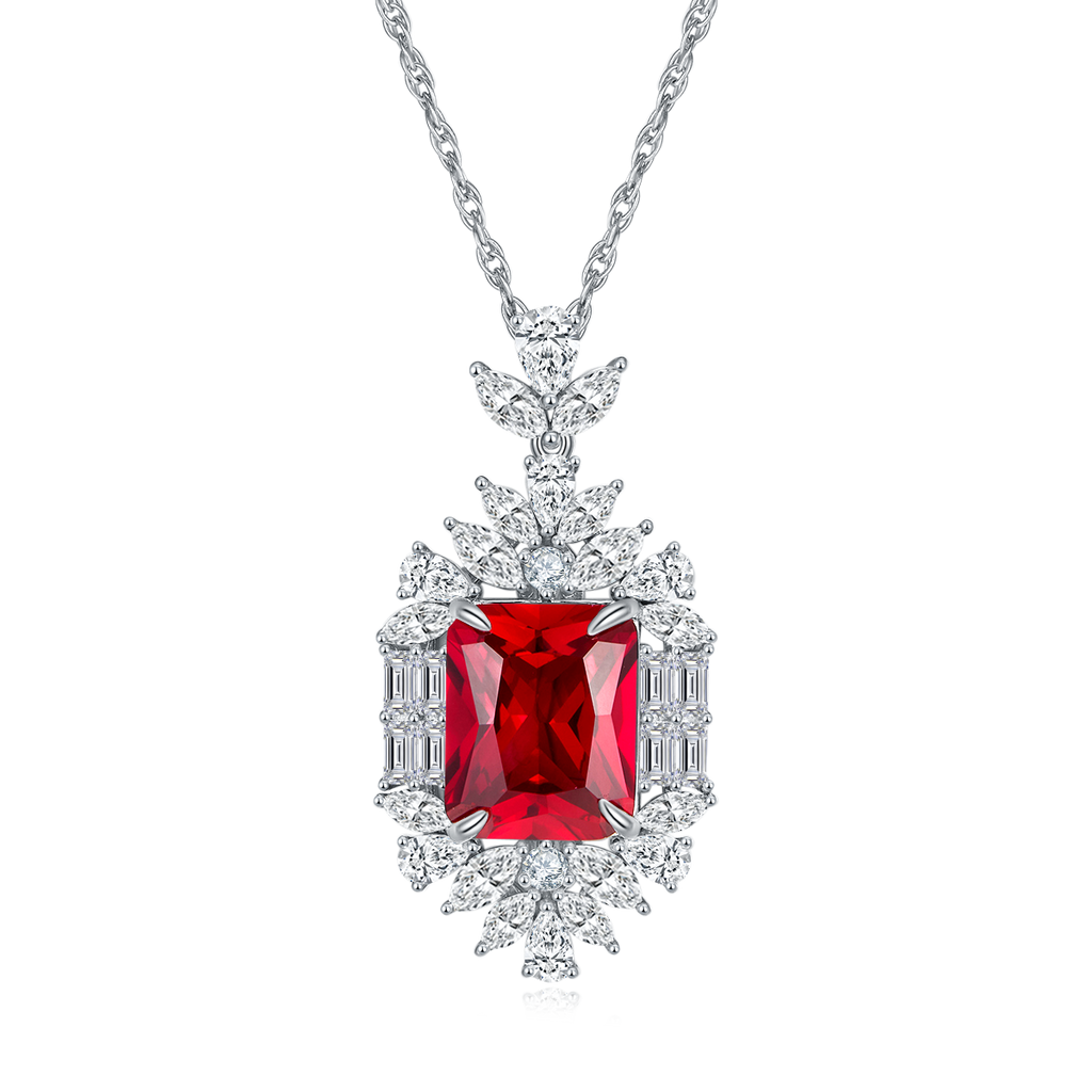 Emerald-Cut Lab Ruby Floral Halo Pendant Necklace in 925 Sterling Silver