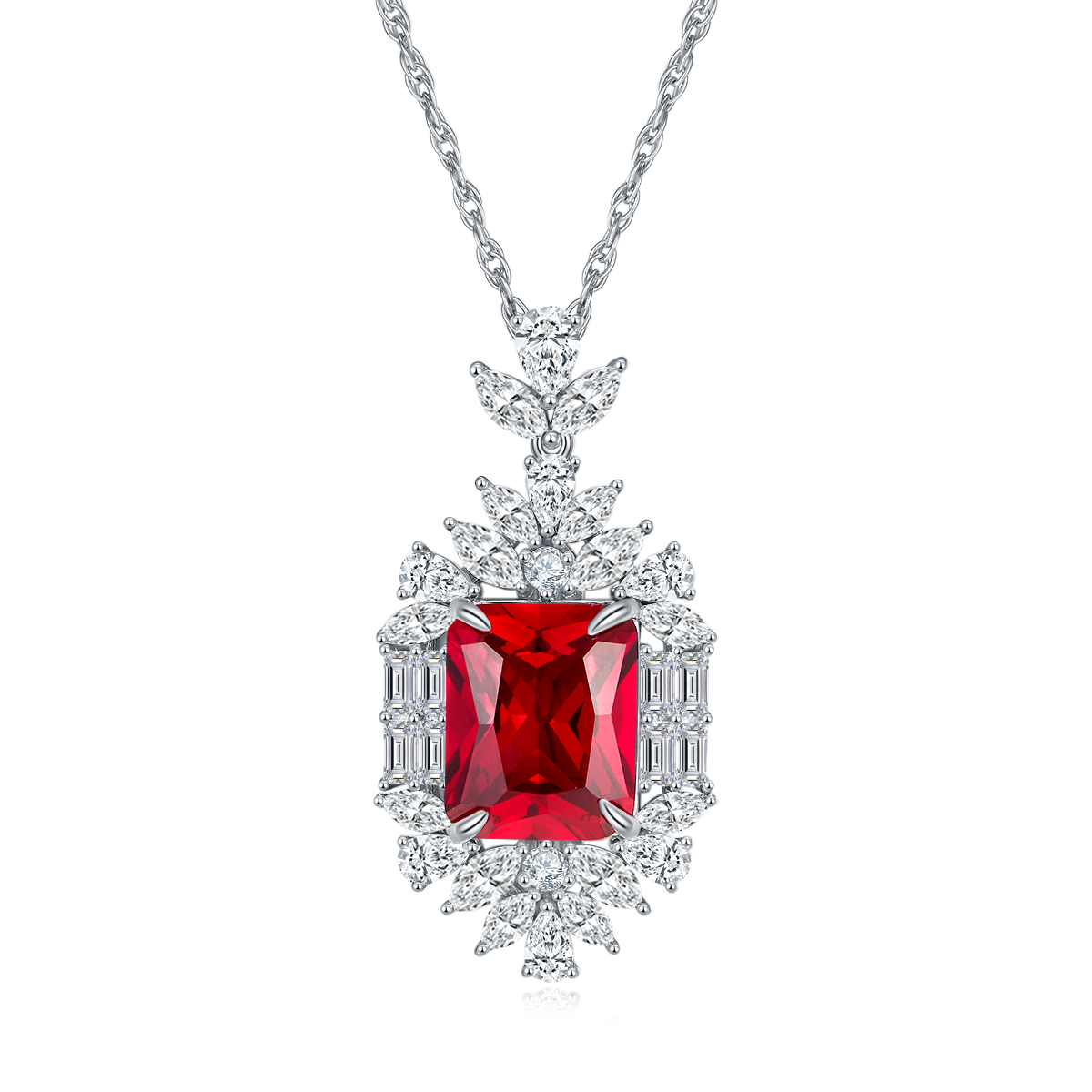 Emerald-Cut Lab Ruby Floral Halo Pendant Necklace in 925 Sterling Silver