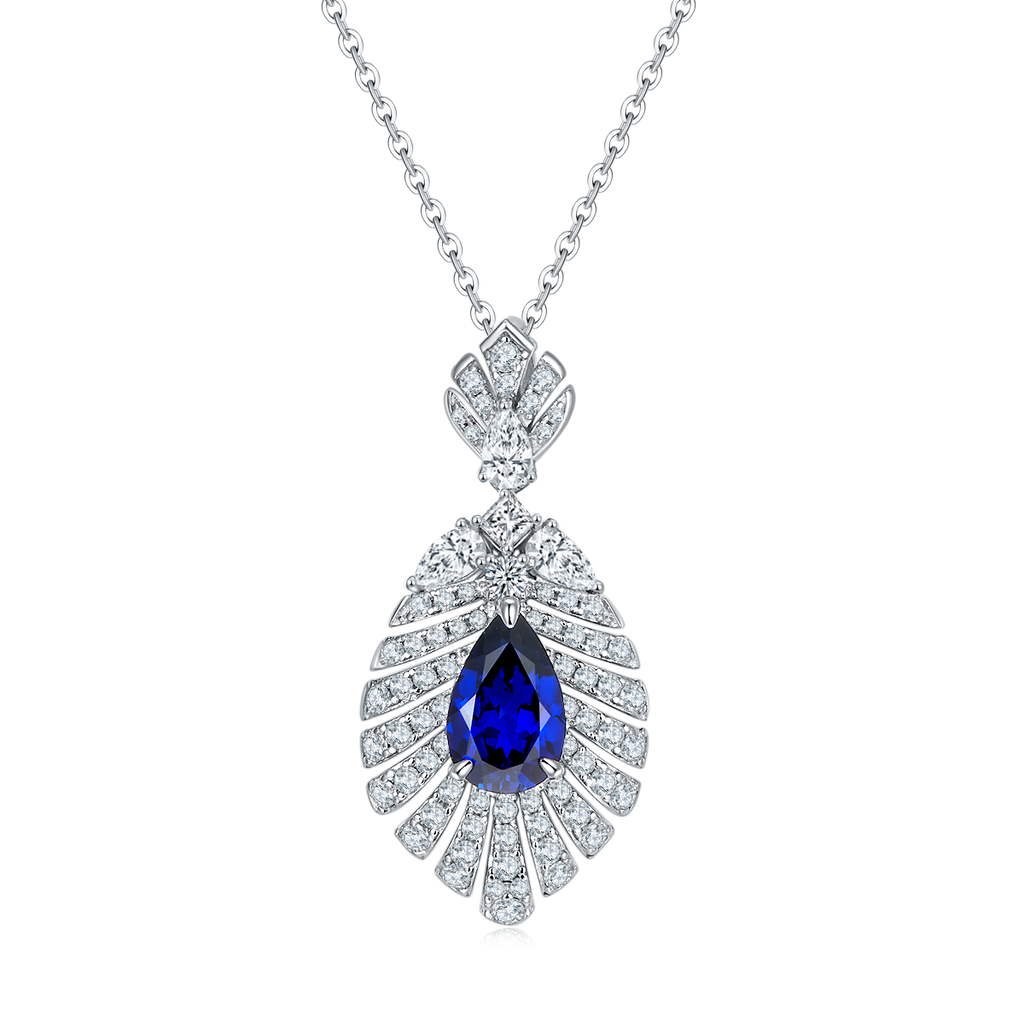 Pear-Cut Blue Moissanite Art Deco Fanburst Pendant Necklace in 925 Sterling Silver