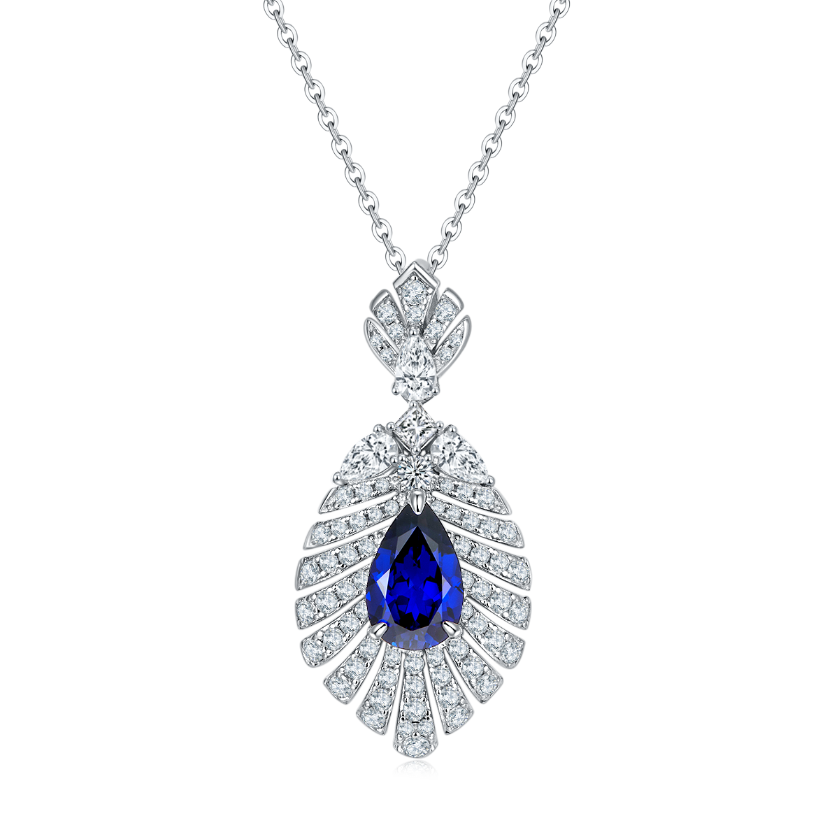 Pear-Cut Blue Moissanite Art Deco Fanburst Pendant Necklace in 925 Sterling Silver